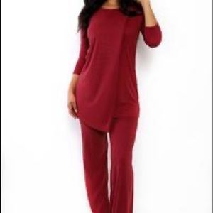 Women Casual Dressy Ribbed Knot 2-Piece Mid Sleeve Loose Pants Set Wide Leg